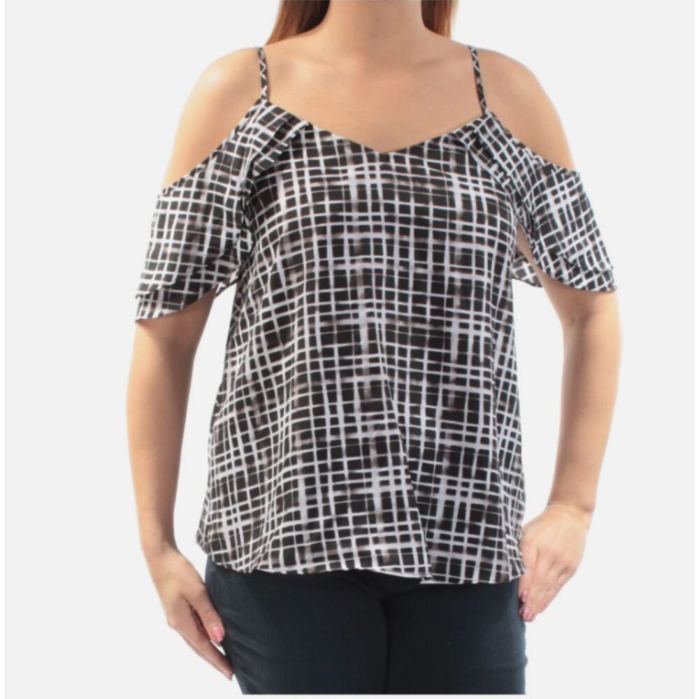 Black and White Cold Shoulder Women's  Geometric  V Neck Top Size: XXL